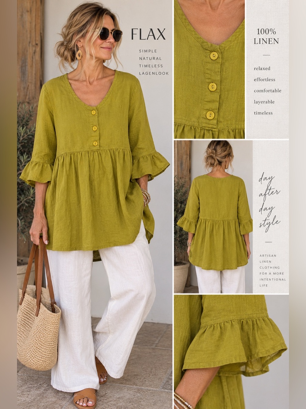 FLAX 100% Linen Chartreuse Lagenlook Babydoll Tunic Top Size Medium